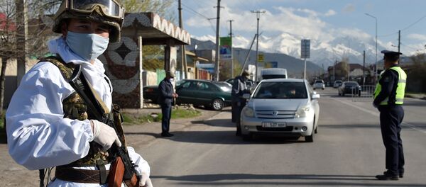 Медициналык маска кийип кыргызстандык жоокер өткөрүү пунктта турат. Архив - Sputnik Кыргызстан