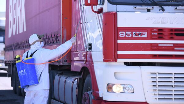 Дезинфекция грузового автомобиля на блок-посту в одном из населенных пунктов. Архивное фото - Sputnik Кыргызстан
