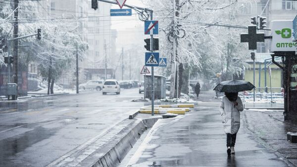 Девушка с зонтом идет по улице в Бишкеке во время весеннего снегопада - Sputnik Кыргызстан