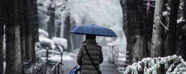 Девушка с зонтом идет по одной из улиц Бишкека во снегопада. Архивное фото - Sputnik Кыргызстан