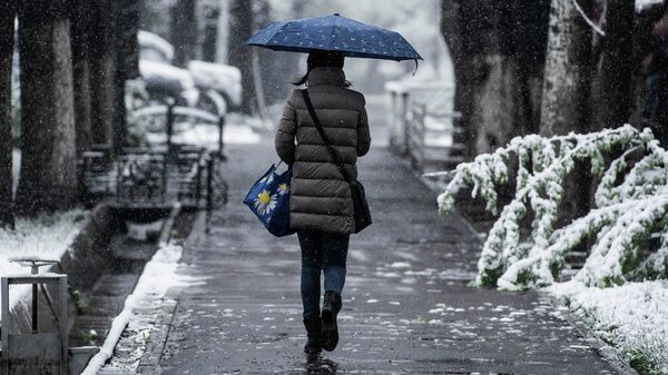 Девушка с зонтом идет по одной из улиц Бишкека во время снегопада. Архивное фото - Sputnik Кыргызстан