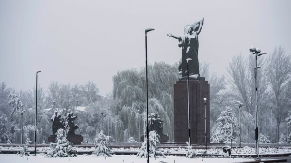 Вид на памятник Уркуе Салиевой во время снегопада в Бишкеке. Архивное фото  - Sputnik Кыргызстан