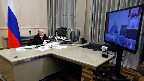 Председатель правительства РФ Михаил Мишустин во время заседания Евразийского межправительственного совета по видеоконференции - Sputnik Кыргызстан