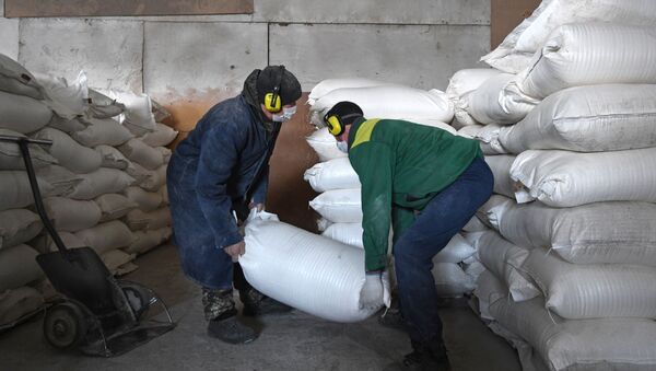 Рабочие укладывают мешки с мукой на складе готовой продукции - Sputnik Кыргызстан
