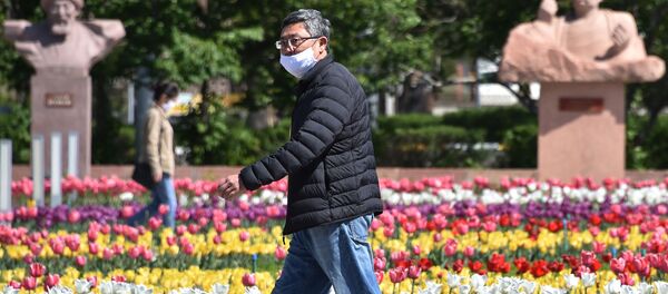 Мужчина в лицевой маске ходит среди цветущих тюльпанов в центре Бишкека - Sputnik Кыргызстан