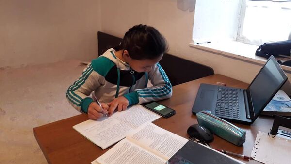 Школьница занимается уроками у себя дома, во время дистанционного обучения школьников в Кыргызстане - Sputnik Кыргызстан