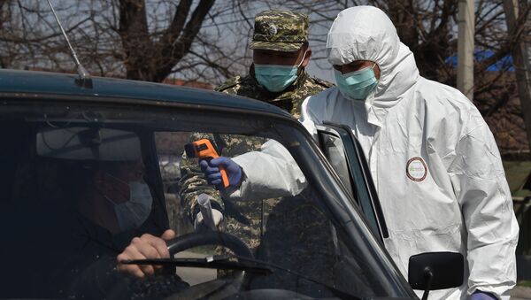 Медик проверяет температуру водителей и пассажиров на контрольно-пропускном пункте недалеко от Бишкека. Архивное фото - Sputnik Кыргызстан