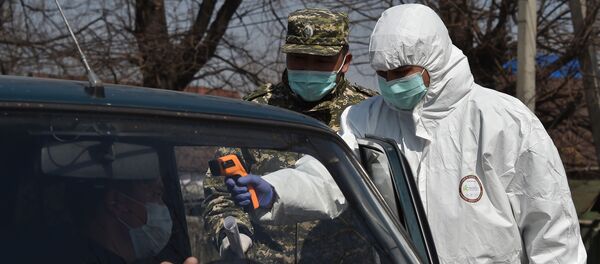 Медик проверяет температуру водителей и пассажиров на контрольно-пропускном пункте недалеко от Бишкека. Архивное фото - Sputnik Кыргызстан