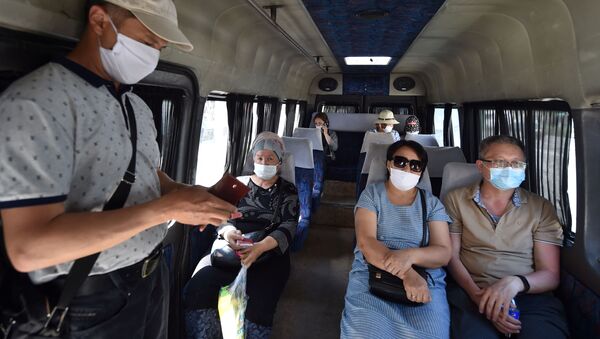Пассажиры в маршрутке в медицинских масках после ослабления карантинных мер в Бишкеке. Архивное фото - Sputnik Кыргызстан