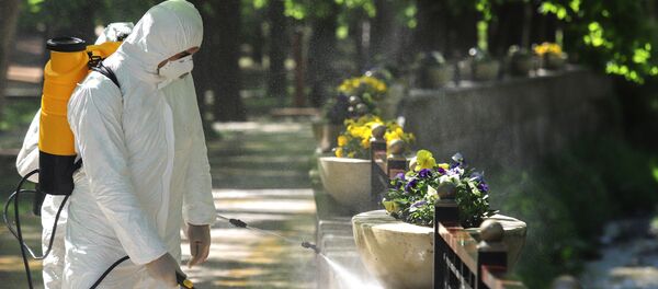 Дезинфекция жүргүзүп жаткан жумушчу. Архив - Sputnik Кыргызстан