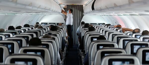Пассажир носит защитную маску на самолете. Архивное фото - Sputnik Кыргызстан