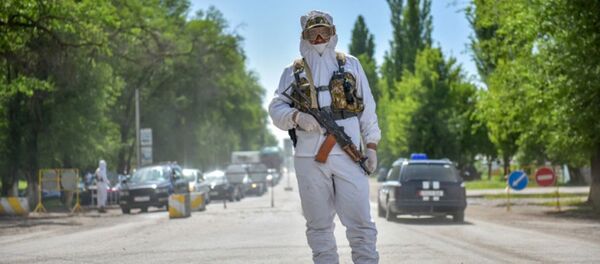 Сотрудник правоохранительных органов на санитарном посту в селе Киршелк Чуйской области - Sputnik Кыргызстан